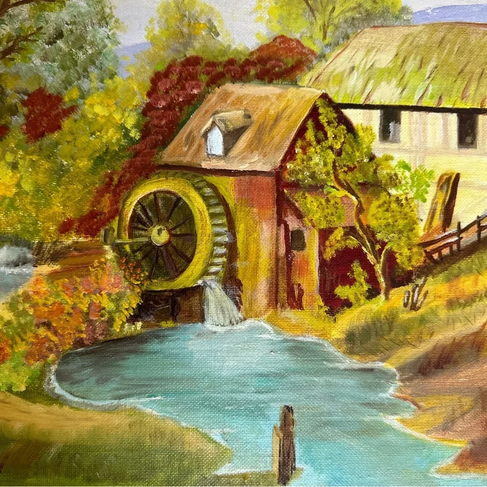 Vintage Rustic Land Scape Water Mill Original Painting Signed original frame